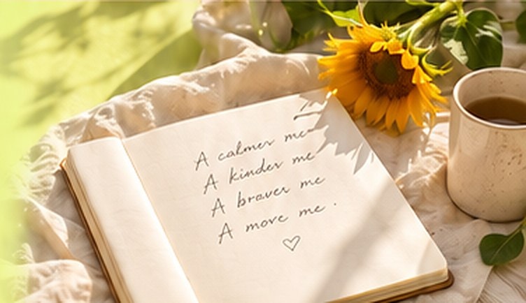 An open journal that reads “A calmer me, a kinder me, a braver me, a more me”, beside a sunflower and a cup of tea.