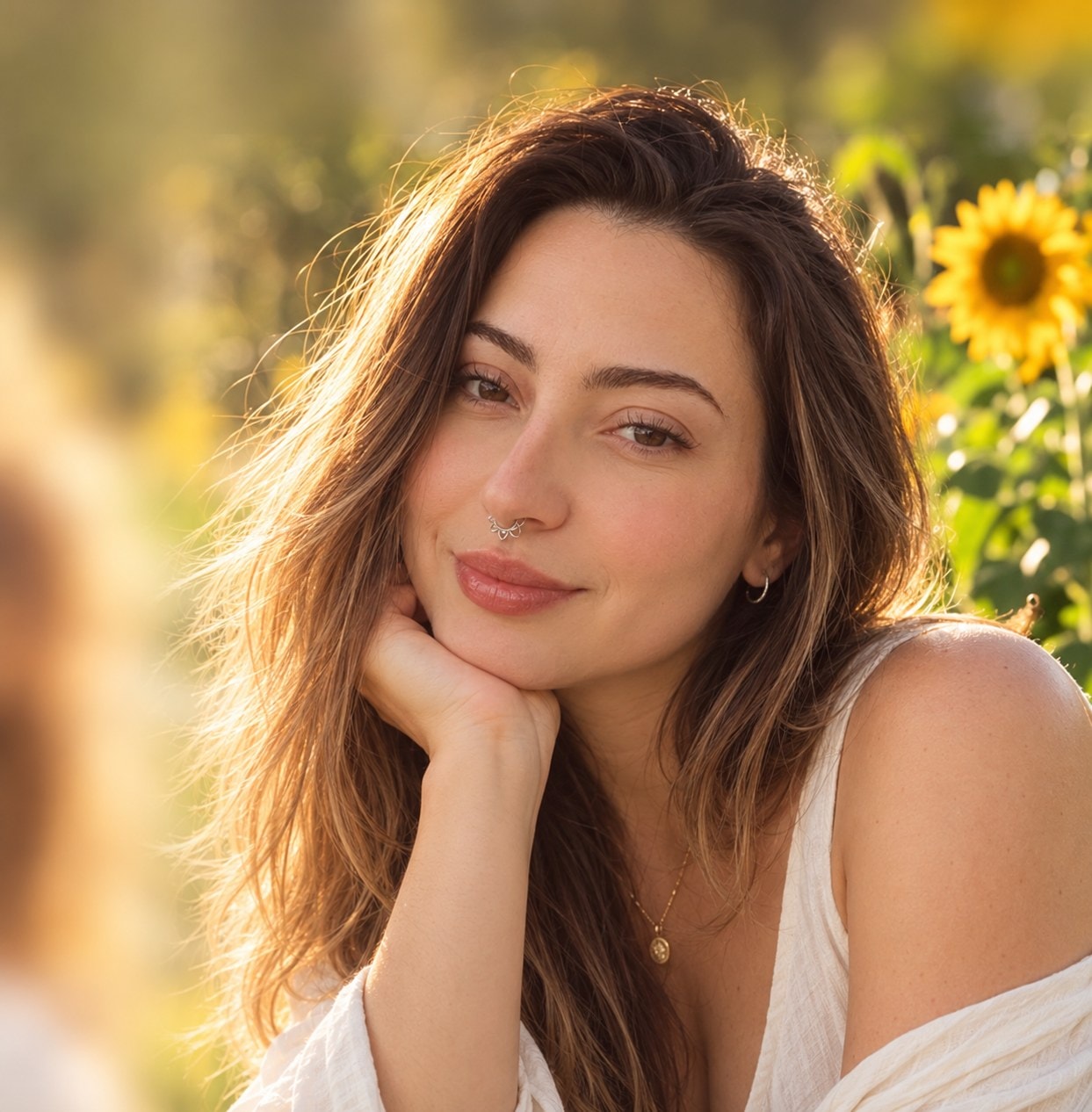 Pamela Ferraz smiling among sunflowers, resting her chin on her hand.