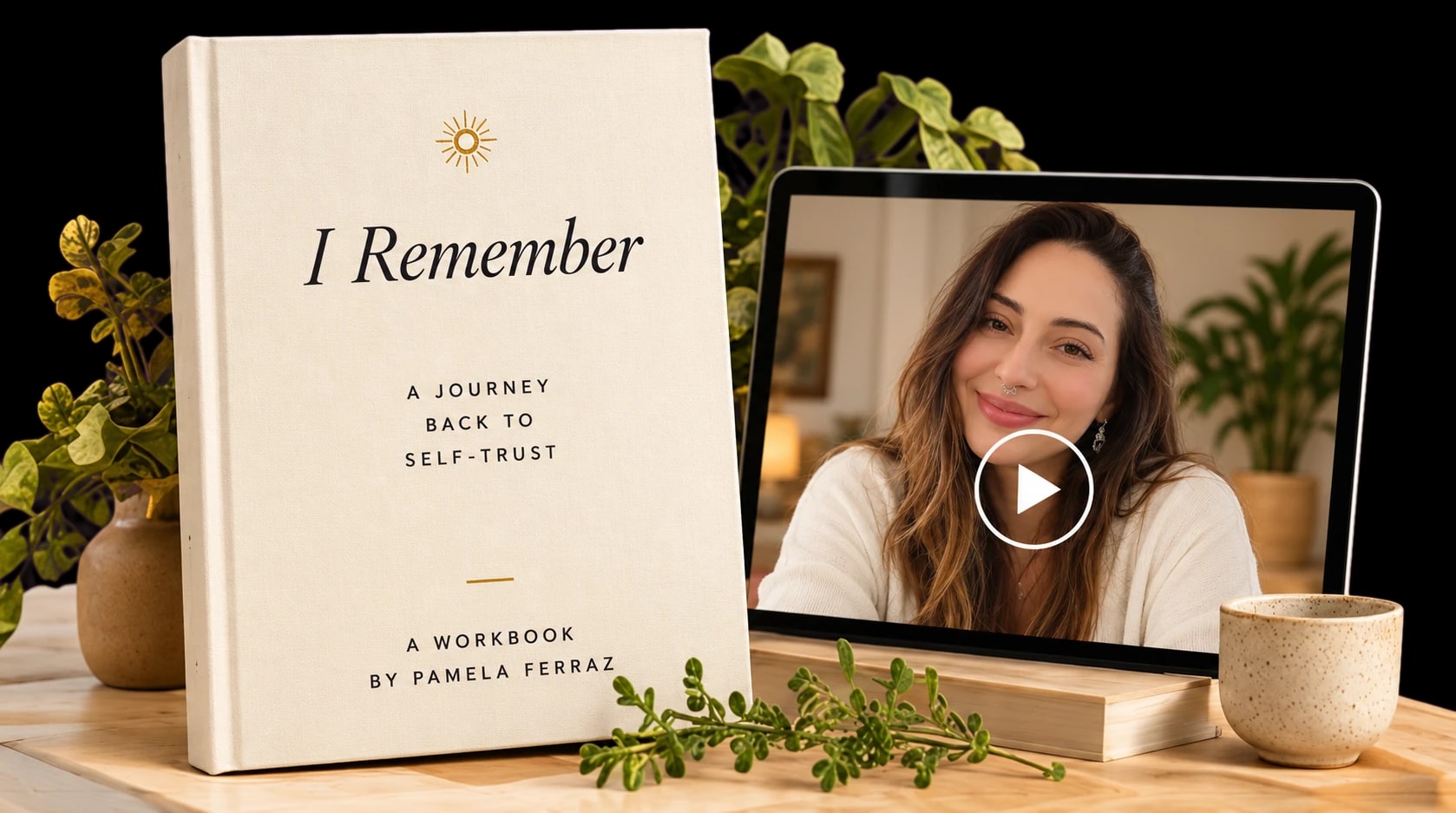 The I Remember workbook next to a laptop playing a lesson with Pamela.