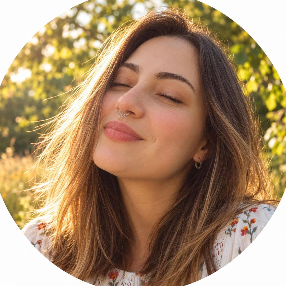 Pamela Ferraz with her eyes closed in the sun.