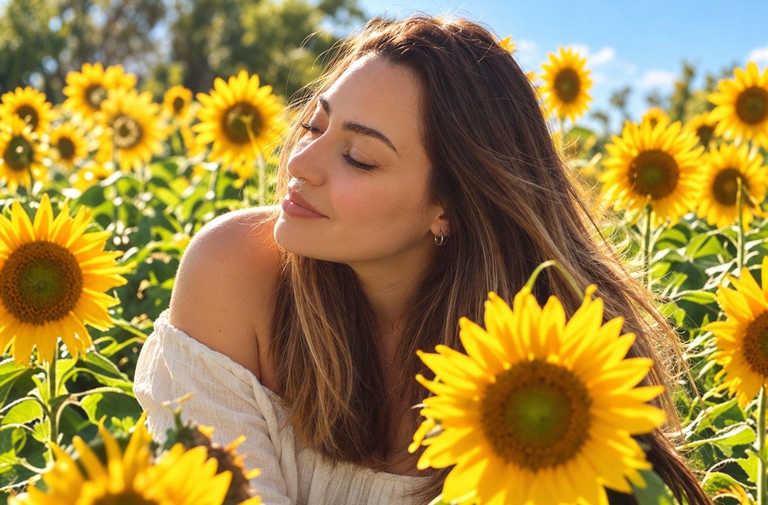 Pamela Ferraz in a sunflower field, eyes closed, smiling.